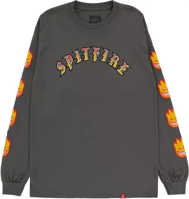 SPITFIRE LONGSLEEVE TEE SPITFIRE OLD E BIGHEAD L/S TEE - CHARCOAL GOLD RED