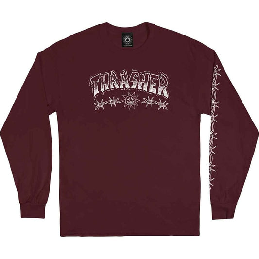 THRASHER LONGSLEEVE TEE Thrasher Magazine Barbed Wire L/S Tee - Maroon