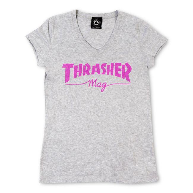 THRASHER WOMENS T-SHIRT S THRASHER MAGAZINE LOGO V-NECK - GREY